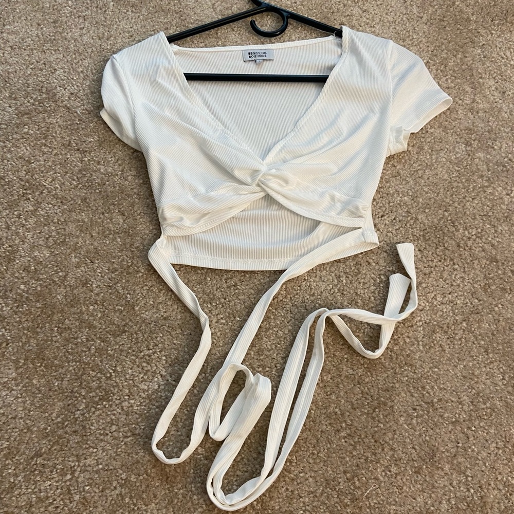White crop top with tie up strings